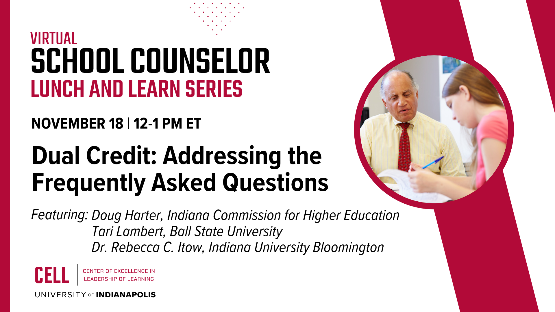 Webinar graphic with photo of male wearing a tie helping student