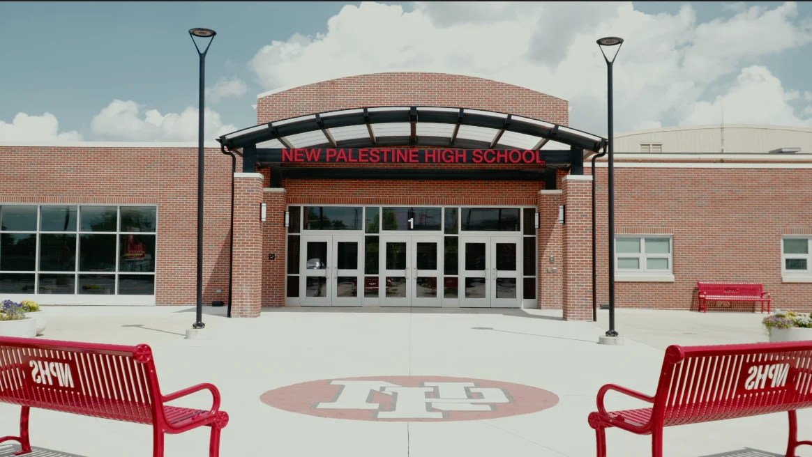 Picture of the entrance to New Palestine High School