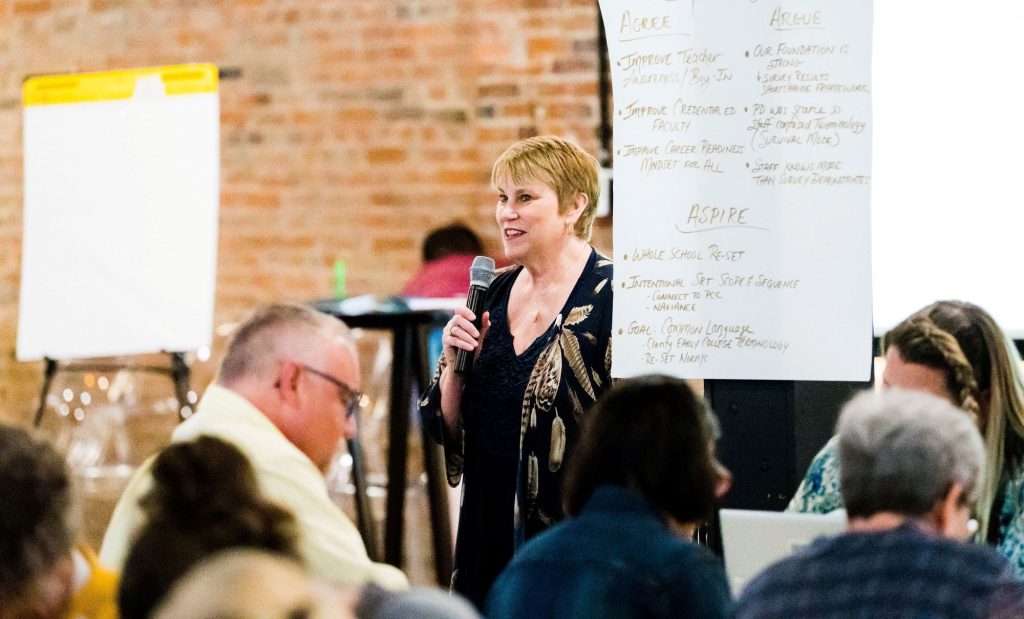 Woman speaks into a microphone at a workshop while attendees sit at tables, with flip charts of handwritten notes in the background.
