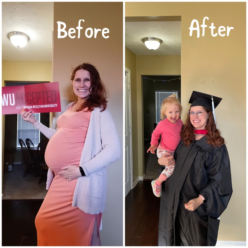 Side-by-side “Before” and “After” collage: left shows a pregnant woman holding a university sign, and right shows the same woman in graduation cap and gown holding a smiling toddler.