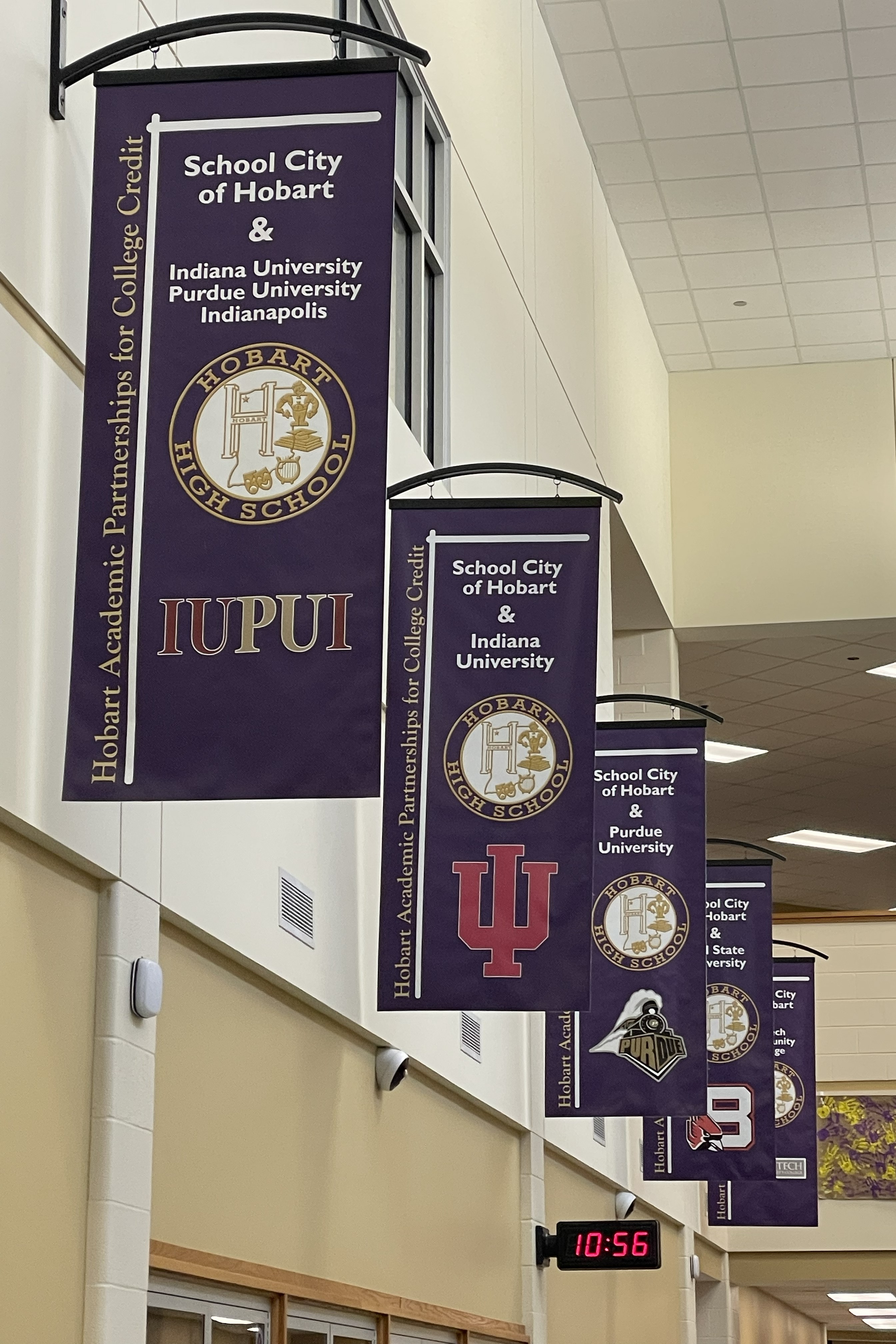 College banners adorning Hobart's hallways