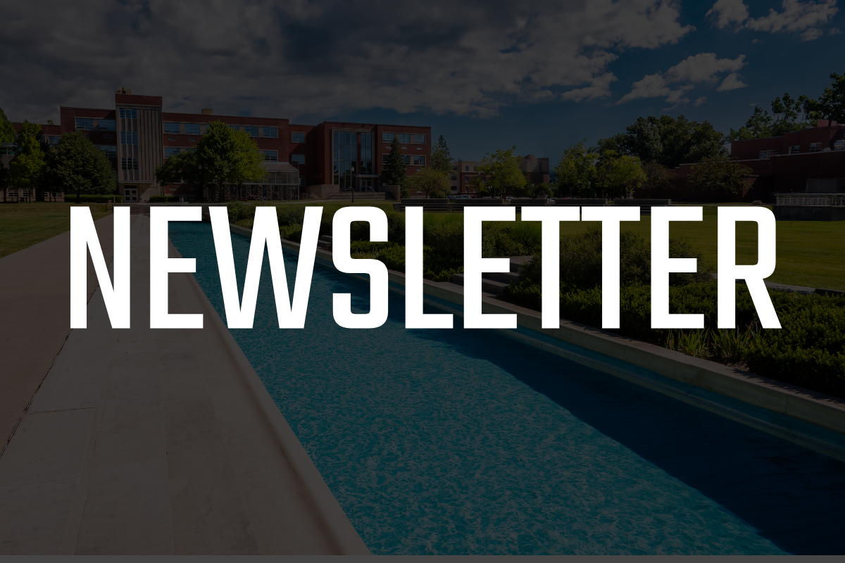 Newsletter with background image of UIndy campus